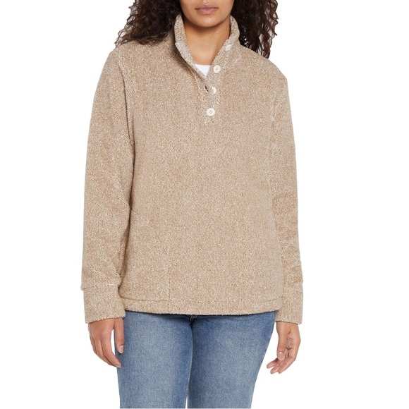 Eddie Baurer Women’s Pullover Sweater Size XXL Beige White Fleece Mock Neck - Picture 1 of 9